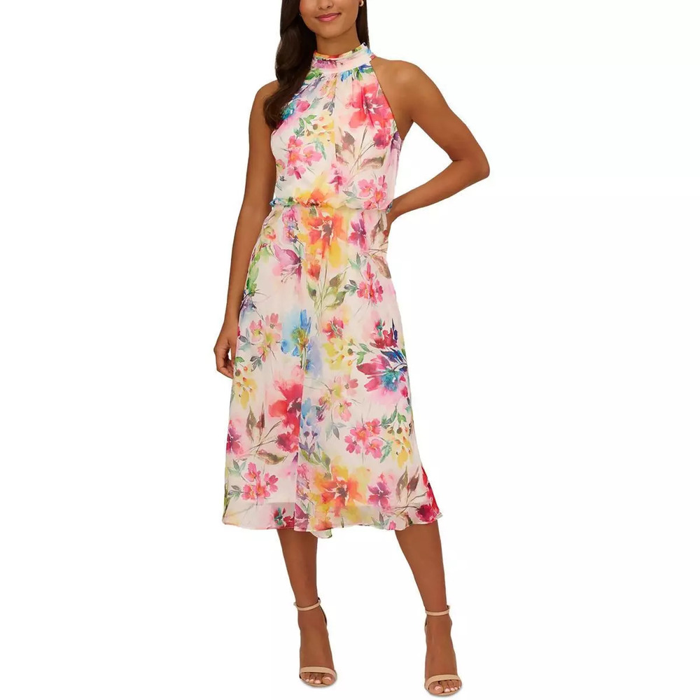 Adrianna Papell Floral Midi Dress - White - Size 4 - Cocktail Dress